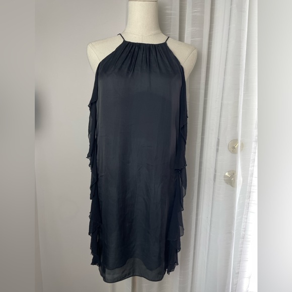 Kimchi Blue Lace Up Back Black Mini Ruffle Chiffon Halter Dress Size Small - Picture 2 of 12